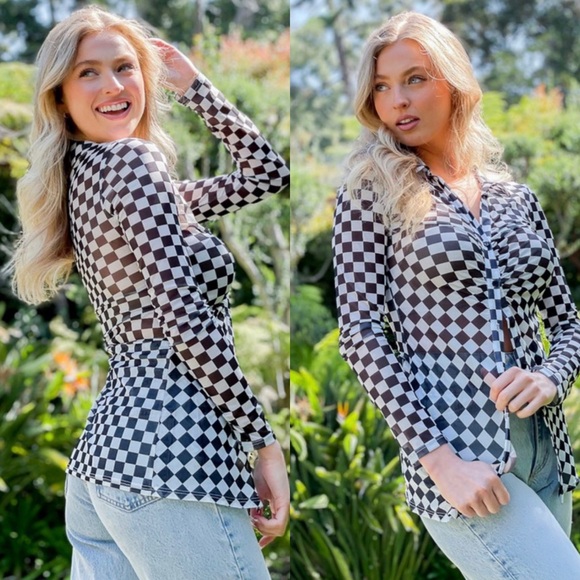 Checkered mesh long sleeve button down top - Picture 6 of 10